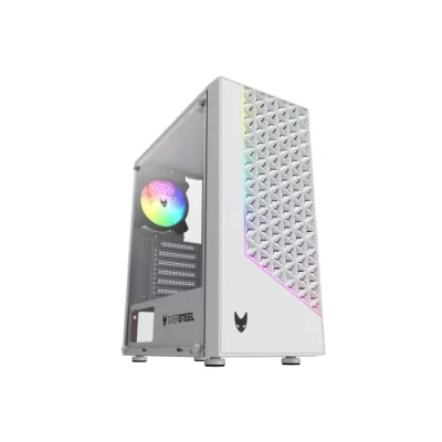 Image de Oversteel Iridium Boîtier PC Gaming compatible avec les cartes ATX, Micro ATX et ITX, ventilateur A RGB 120mm, façade en mesh, 2 filtres à poussière, verre latéral trempé, USB 3.0, blanc