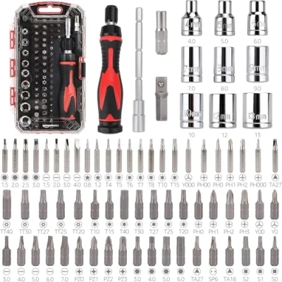 Image de Amazon Basics Ensemble de 73 pièces, clés magnétiques à cliquet et tournevis précision pour l&#039;électronique, Argent, Noir, Rouge