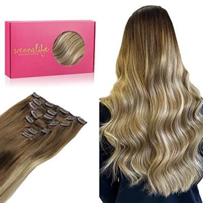 Image de WENNALIFE Extension a Clip Cheveux Naturel, 45cm 120g 7pcs Naturel Humains, Ombre Brun Noisette à Cendré et Blond Décoloré Extention de Humains Vrai