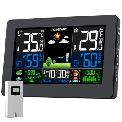 Image de Station Météo Avec Capteur Extérieur, DCF Écran LCD Sans Fil Coloré Météorologique Numérique Baromètre Phase de Lune Alarme Réveil Prévision Rétroéclairage Réglable
