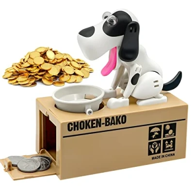 Image de Justup Tirelire en forme de chien affamé Mastication des pièces monnaie Cadeau d&#039;anniversaire pour enfants Blanc