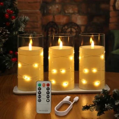 Image de EXTSUD Lot de 3 Bougie LED Rechargeable avec Guirlande Lumineuse en Acrylique, Décorative Flamme Vacillante Télécommande et Station Charge pour Fête, Anniversaire, Mariage