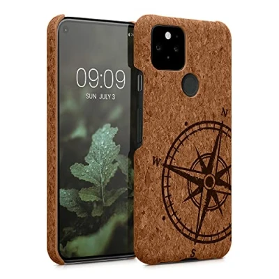 Image de kwmobile Coque Compatible avec Google Pixel 5 Housse de Protection Rigide en Liège Boussole Brun foncé Marron Clair