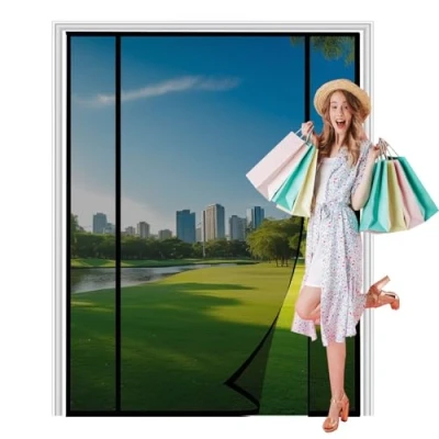 Image de Moustiquaire Porte Fenetre 200x215cm, Magnetique Rideau sur Mesure de Animaux AcceptéS pour d Entrée Intérieur/Patio, Noir