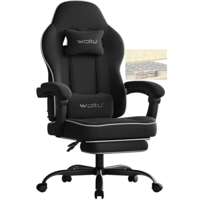 Image de WOLTU Chaise Gaming, Fauteuil avec Coussin à Ressorts Ensachés, Ergonomique, Charge 150kg, Appui tête, Support Lombaire, Repose Pieds, Tissu Technique, Noir, GS10sz
