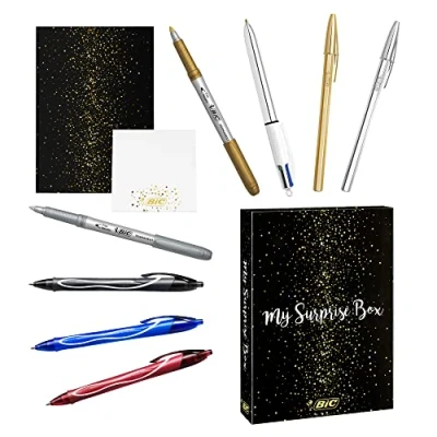 Image de BIC My Surprise Box Coffret Cadeau de 14 Produits d&#039;Écriture, 4 Stylos Bille/5 Feutres Métallisés/ 5 Gel, 1 Bloc Notes Repositionnables et Carnet A5 Blanc