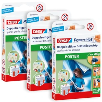 Image de Tesa Powerstrips POSTER 3 Lots de Bandes adhésives Double Face pour Posters Auto adhésif et Réutilisable Adhérence Jusqu&#039;à 200 g 20 par Lot