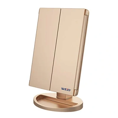 Image de WEILY Miroir Maquillage, Grossissant Lumineux avec 1X/2X/3X, LED Maquillage Pliable Écran Tactile et Réglable à 180 Degrés, Support USB Batterie (Or)