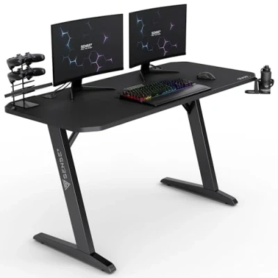 Image de SENSE7 Bureau Nomad Classic, Gaming 140x60, PC avec Crochet pour Casque, Porte gobelet, Support Manette, Surface en Fibre de Carbone, Ergonomique