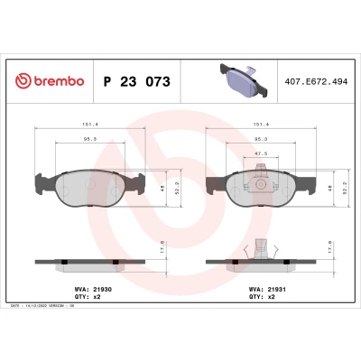 Image de BREMBO P 23 073 Jeu de plaquettes frein contact signal d&#039;usure exclu avec clip piston sans accessoires FIAT: Punto II 3/5 portes