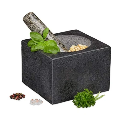 Image de Relaxdays Mortier et pilon, en granit, poli, longue vie, épices herbes, 500 ml de volume, broyeur lxP 14,5 x cm