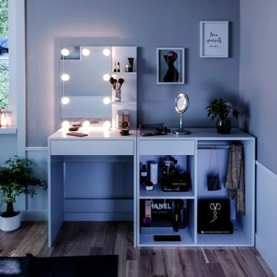 Image de Vicco Coiffeuse Isabelle, Blanc, 140 cm avec éclairage LED et Armoire