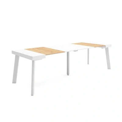 Image de Skraut Home Table Console Extensible Meuble 260 pour 12 Personnes Pieds en Bois Style Moderne Chêne et Blanc