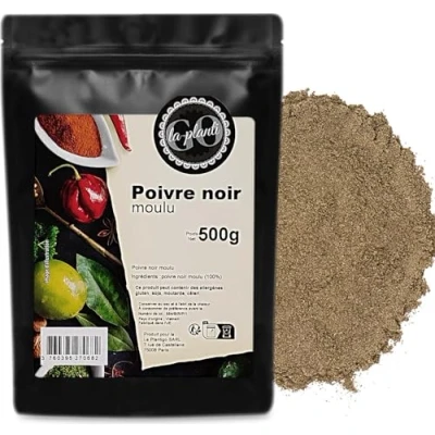 Image de poivre noir moulu 500 g LA PLANTIGO Un choix savoureux, 100% Naturel, Sans Additifs, qualité supérieure, une épice universelle, Végan, en poudre