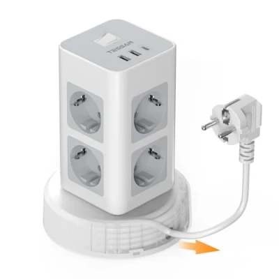 Image de TESSAN Multiprise 8 Prise, 11 en 1 Tour avec Interrupteur, Prise Multiple Rallonge Electrique Rétractable 2M, USB C 15 W, Bureau pour Maison, Cuisine