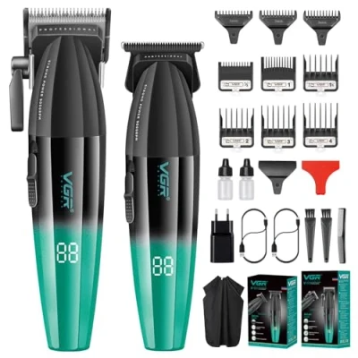 Image de VGR Tondeuse Cheveux Professionnelle pour Hommes, Barbe et Sans Fil, T Lame Zero Gap 9000 T/min, Kit de Coupe avec 9 Peignes Guides