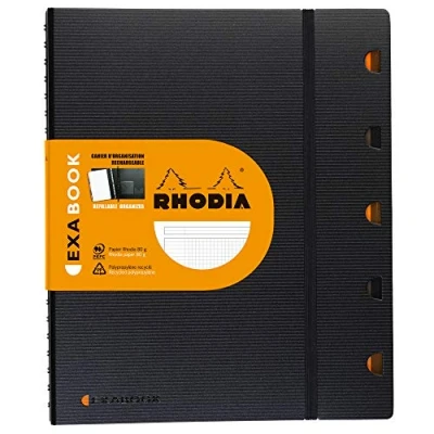 Image de RHODIA 132142C Cahier d’Organisation Rechargeable Exabook Noir A4+ 22,5 x 29,7 cm Petits Carreaux 160 p Détachables Perf 4 trous Papier Clairefontaine 90 g/m² Couverture Polypro Recyclé