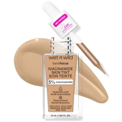 Image de Wet n Wild Bare Focus Niacinamide Skin Tint, Fond de Teint Léger avec FormuleModulable, Enrichi en Acide Hyaluronique et VitamineE pour un LookRadieux, Amber Beige