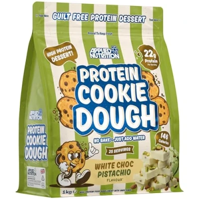 Image de Applied Nutrition Pâte à Biscuits Protéinée, Collation Préparation Cookies Protéinés, Plus de 22 g Protéines par Portion, Faible en Calories, 1 kg (1kg, White Chocolate Pistachio)