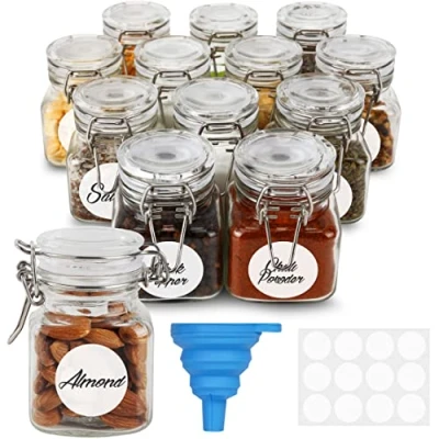 Image de BELLE VOUS 12 Bocaux a Epices Hermétiques en Verre avec Couvercles Pots à Épices 120 ml Réutilisable Étiquettes &amp; Entonnoir Bocal Bouchon Liege pour Cuisine, Épices, Thé
