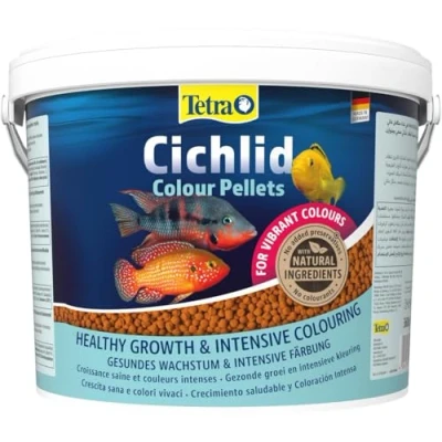 Image de Tetra Cichlid Colour Pellets Nourriture pour Poissons des Couleurs intenses et Lumineuses, en Particulier Les cichlidés de Couleur Rouge, Orange Jaune, Seau 10 l