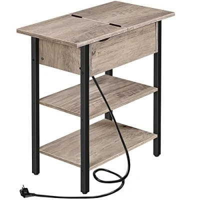 Image de HOOBRO Table d&#039;Appoint, Bout de Canapé Rabattable avec Multiprise et Étagères Rangement, Chevet Fine pour Petit Espace, Style Industriel, Salon, Chambre, Grège Noir EBG342BZ01