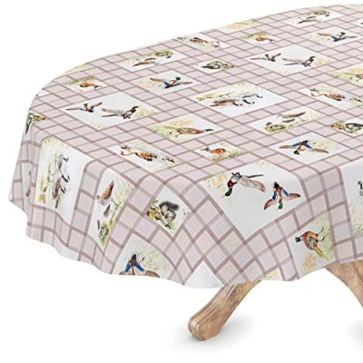 Image de ANRO nappe en toile cirée lavable, ovale 140 x 240 cm, bord coupé, motif chasse, de jardin, table, cirée,