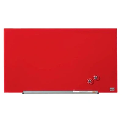 Image de Nobo Tableau Blanc Magnétique Verre avec Porte Marqueurs Amovible, 680 x 380 mm, Système de Fixation InvisaMount, Impression Pro, Rouge, 1905183