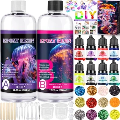 Image de POWZOO résine époxy avec durcisseur 1016 ml, verre transparent, kit de coulée, peinture, paillettes, bâtonnets en bois, gants, doseur, rapport 1: 1 pour projet d&#039;art, fabrication