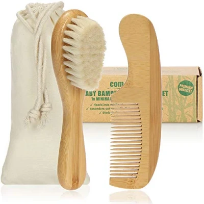 Image de com four® Ensemble de Soins capillaires pour bébé pièces Mini Brosse à Cheveux en Bambou avec des Poils Doux Laine (Peigne + Mouton)