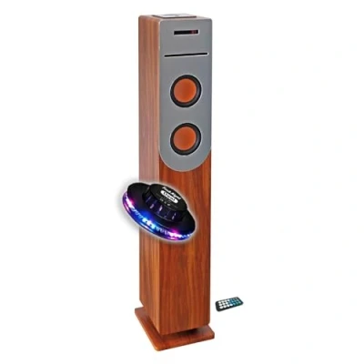Image de gef roy Enceinte Colonne Finition Bois avec Lecteur CD, Bluetooth, FM et USB, 100W, télécommande, Jeu de lumière OVNI LED