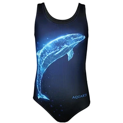 Image de Aquarti Maillot de Bain Fille Natation Une Pièce Imprimé Dauphin, Dauphin Digital/Bleu/Noir, 158