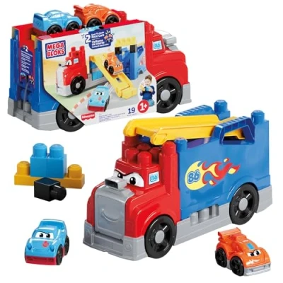 Image de MEGA BLOKS Coffret Camion course et Construction avec 19 pièces, 2 voitures de un rangement, rouge, pour les enfants à partir 1 an, JFR29