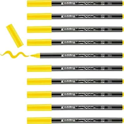 Image de Edding 4200 Feutre Pointe Pinceau pour Porcelaine Jaune 10 Stylos 1 4 mm Peindre et Décorer la Céramique, va au lave vaisselle, Encre Opaque, Séchage Rapide