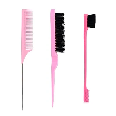 Image de Zuofan Set de 3 Pièces Peigne Cheveux, à Double Tranchant, Queue Rat Robuste et Brosse, Brosse Peignes Coiffure pour Salon (Rose)