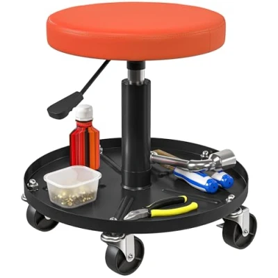 Image de HOMCOM Tabouret d&#039;atelier à 5 roulettes pivotantes 360, de mécanicien Hauteur réglable 38 50 cm, siège avec Plateau Outils, Charge Max 135 kg pour Garage, Orange