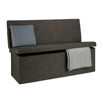 Image de Relaxdays Tabouret de rangement pliant en lin avec dossier appui dos coffre pouf stockage ottoman H x l P: 73 114 38 cm repose pieds banc couvercle, brun