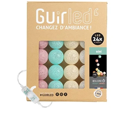 Image de GuirLED Guirlande lumineuse boules coton LED USB Veilleuse Bébé 2h Adaptateur secteur double 2A inclus 3 intensités 24 2.4m