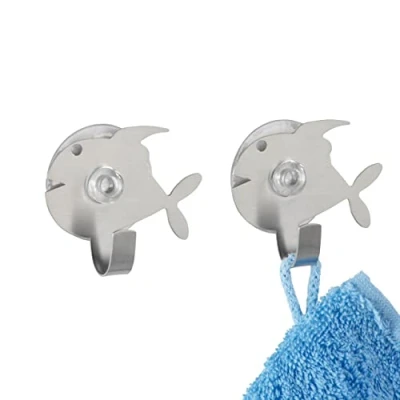 Image de WENKO Crochet ventouse Poisson set de 2 Acier inox 2, inoxydable, 6.5 x 5.5 2.5 cm, Mat