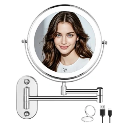 Image de Zhufas miroir de maquillage mural avec éclairage, grossissement 1X/10X, à intensité variable, pour salle bain et hôtel, éclairage 3 couleurs, lumières couleur, rotatif 360
