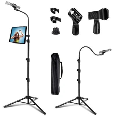 Image de LIUGAST support de microphone portable avec téléphone, trépied à col cygne réglable 0,9 1,8 m, 2 clips micro standard, noir