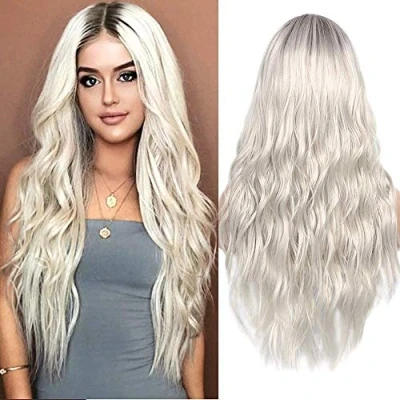 Image de Colorfulpanda Perruque Blond Clair pour Femmes de 24 Pouces, Longue ondulées bouclée Naturelle, Synthétique Résistante à la Chaleur cosplay Halloween fête usage quotidien