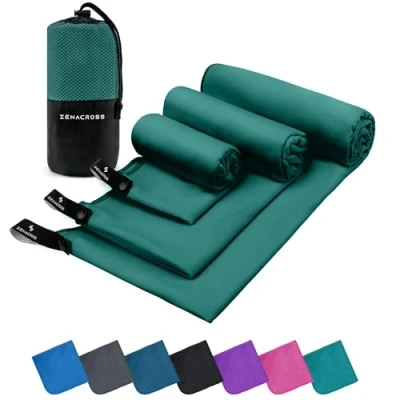 Image de ZENACROSS Serviette Microfibre Set de 3 avec Sac Transport Sport Compacte, Séchage Rapide et Absorbante Taille XS, S, M Vert Pétrole