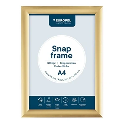 Image de Europel Cadre porte affiche clipsable A4, profil 25x11 mm, couleur dorée, aluminium anodisé et protecteur anti reflet, dimensions 210x297 dos polystyrène gris