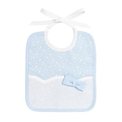 Image de Filet Bavoir Réalisé en Piquet de Coton Imprimé Étoiles avec Insert Toile Aida à Broder, Idéal pour les Bébés, 100% Made in Italy, Couleur Rose et Blanc