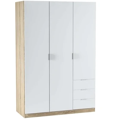 Image de LOUNGITUDE Armoire penderie 3 Portes + Tiroirs Blanc/Chêne FOARM1323F L121 x H180 P52cm
