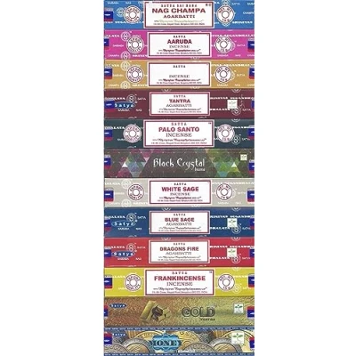 Image de Satya Bangalore (BNG) Lot de 12 Nag Champa Money Or Noir Cristal Aaruda Palo Santo Blanc Sauge Encens Myrrhe Tantra Bleu Dragon Feu VarietyPack04