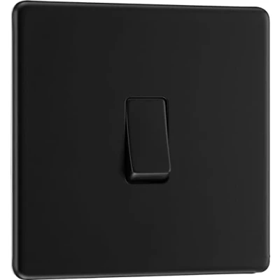 Image de BG Electrical Interrupteur mural simple, 2 voies, plaque frontale sans vis, profil fin, plate de qualité supérieure, noir mat, 20 A, 16 AX, FFB12