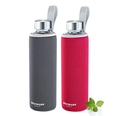 Image de Westmark 527222E8 Lot de 2 bouteilles d&#039;eau en Verre avec 1 housse protection 550 ml Silicone Caoutchouc Sans BPA Viva Rouge/Anthracite/Argent/Transparent