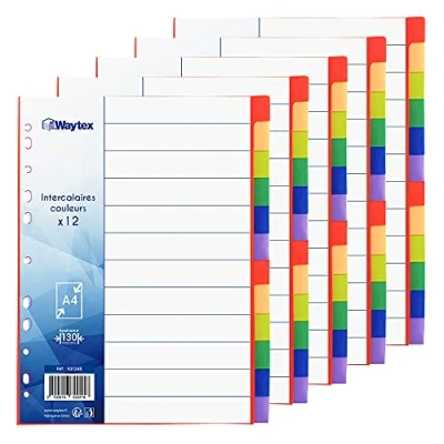 Image de WAYTEX 931348C5 Intercalaires A4 12 Touches Neutres en Polypropylène de Couleurs Vives avec Index (Lot 5)